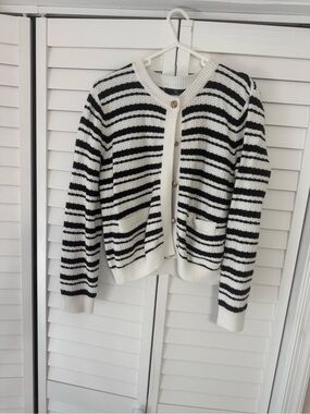 Black and White Striped Knit Cardigan